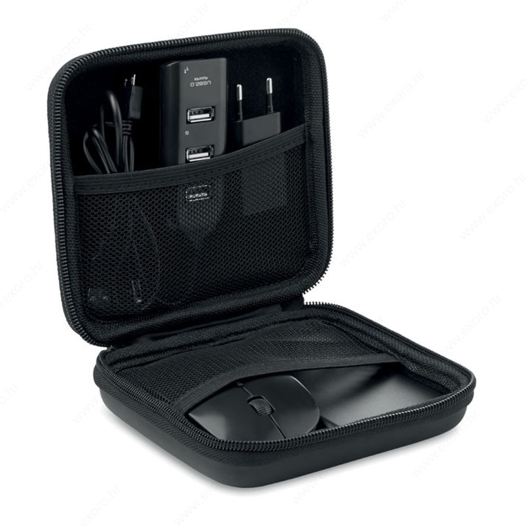 Set informatički POWERSET u etuiu, miš, USB hub, EU utičnica, punjač, crni